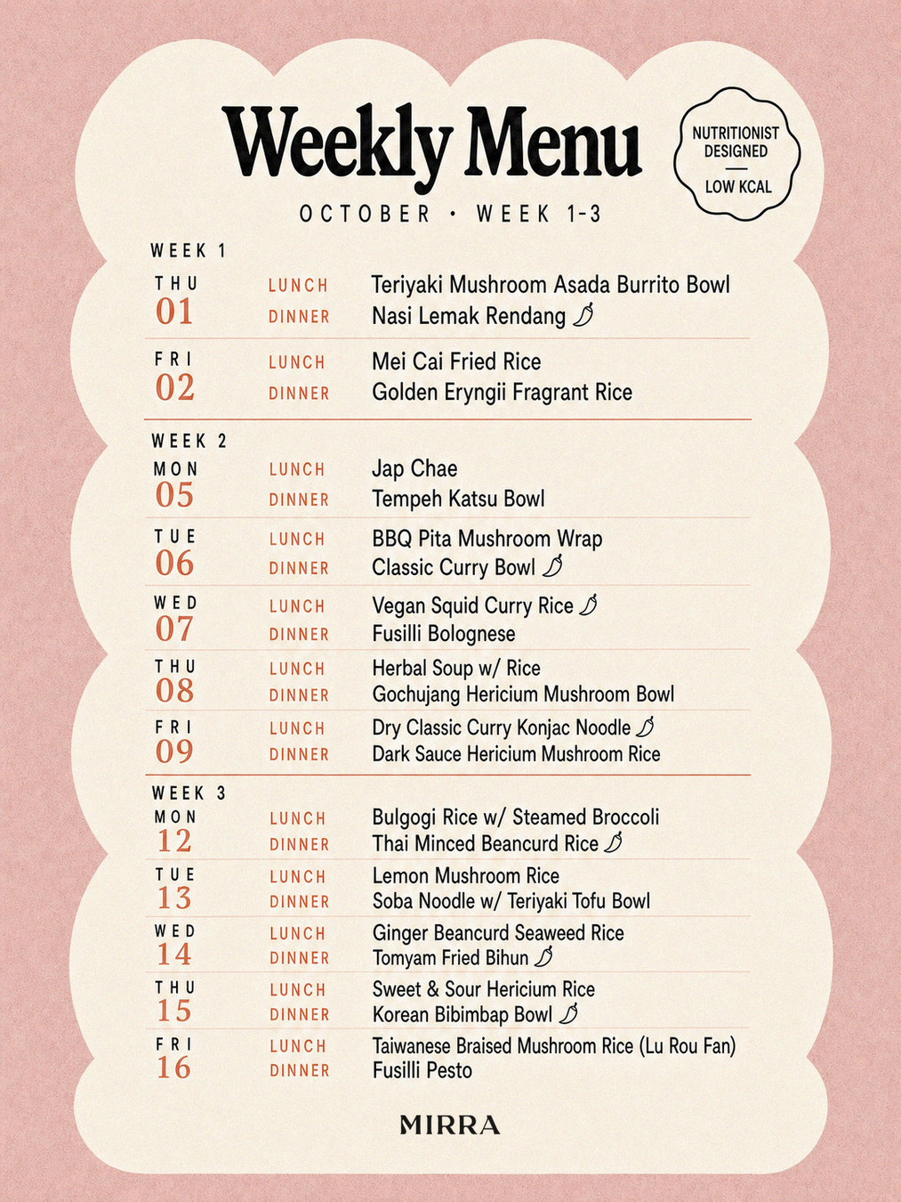 MIRRA — October weekly menu
